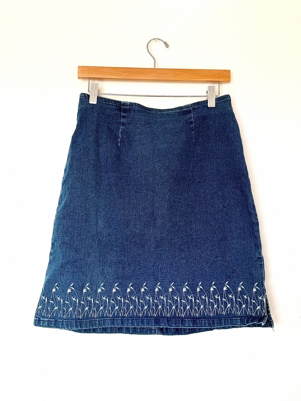 Style & Co. Classic Denim Wash Mini Skirt with White Embroidered Hem